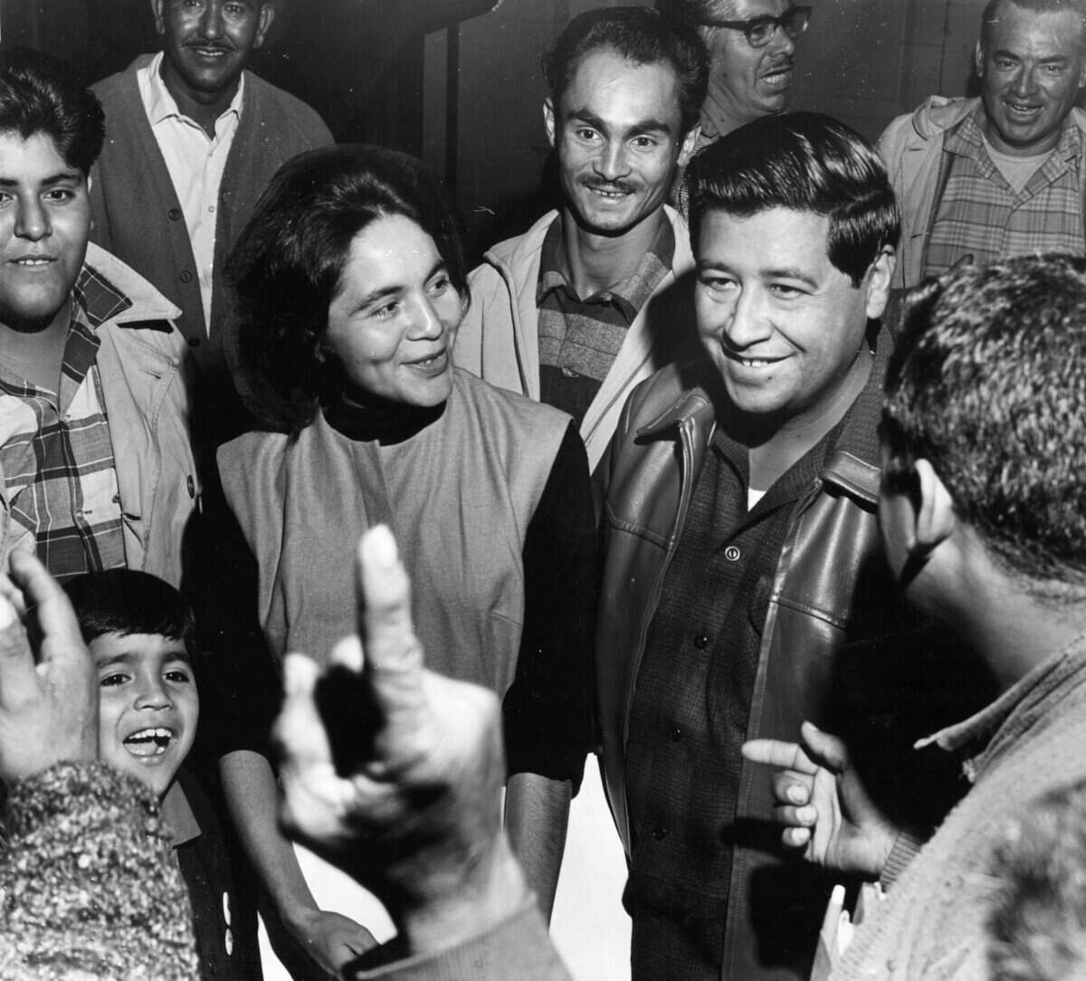 Dolores Huerta, vice president of the National Farm Workers Association, and Cesar Chavez, the association's general director are shown in this bee file photo from November 1965 by Carl Crawford. On the occasion of this photo the leaders, along with unidentified farm workers, were asking the executive board of the Community Service Organization to support their strike.